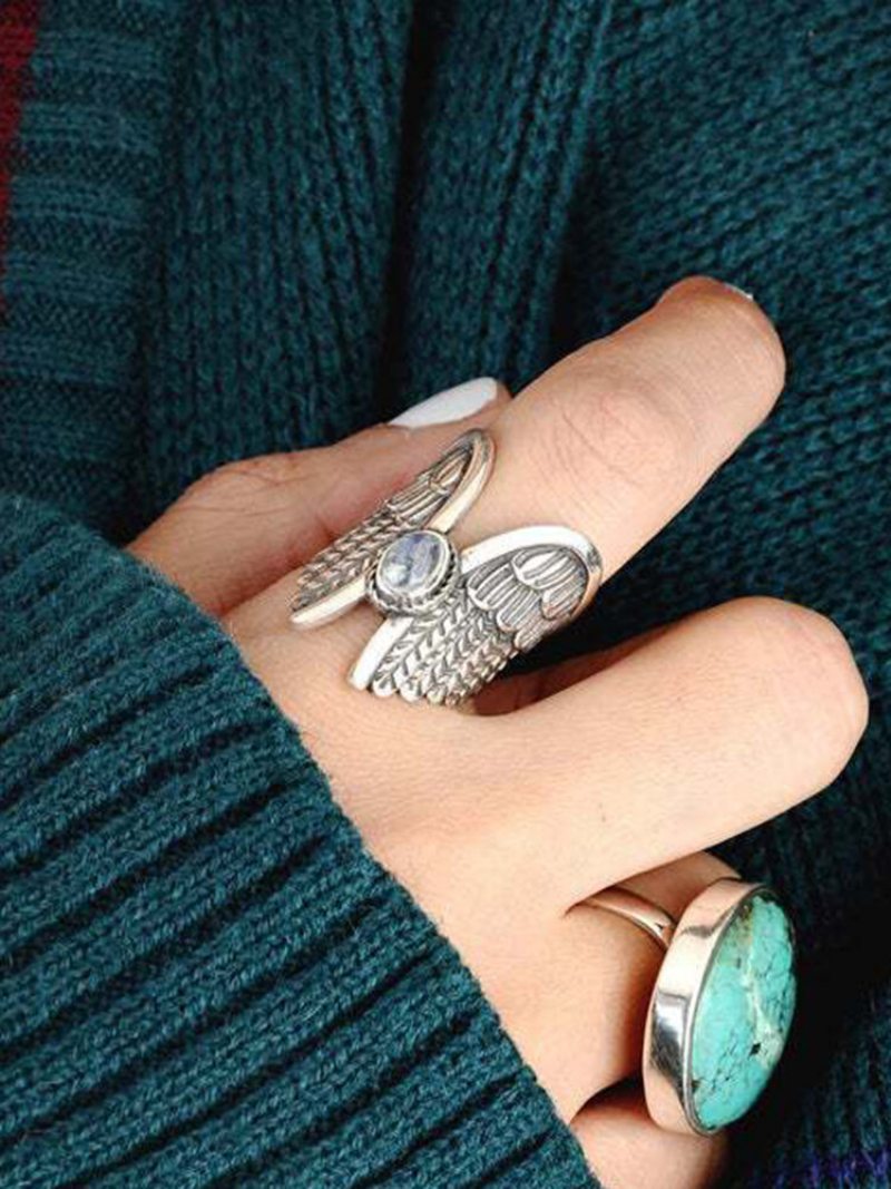 Alloy Vintage Angel Wing Ring Moon Stone Dámsky Prsteň Thai Silver Feather
