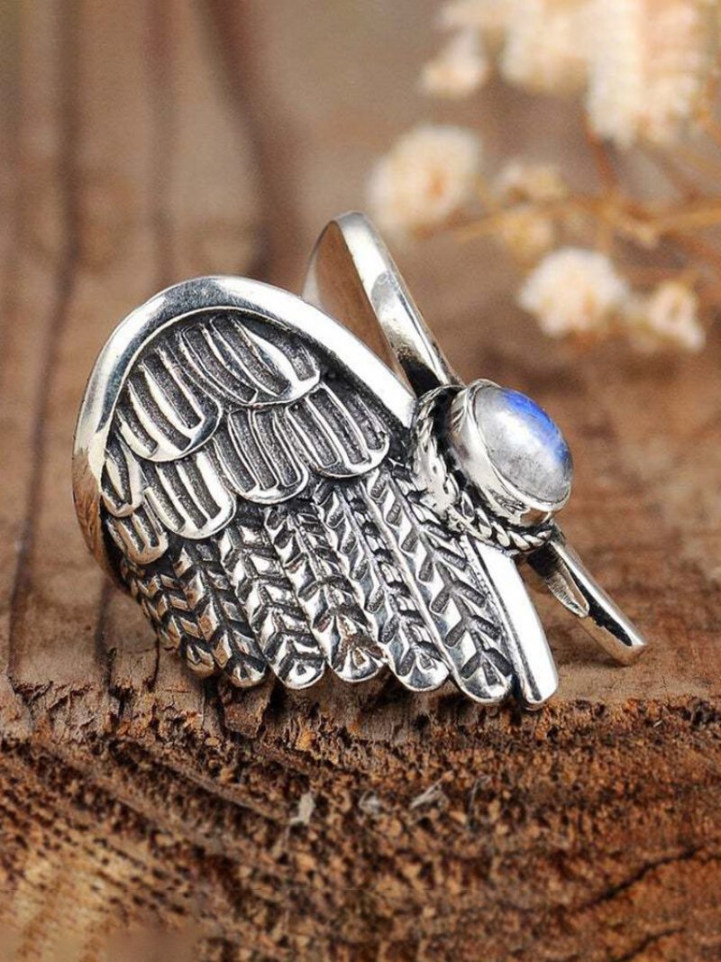 Alloy Vintage Angel Wing Ring Moon Stone Dámsky Prsteň Thai Silver Feather