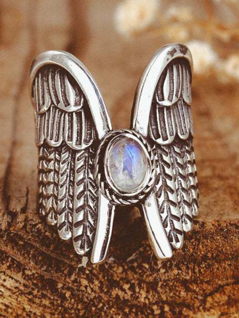 Alloy Vintage Angel Wing Ring Moon Stone Dámsky Prsteň Thai Silver Feather