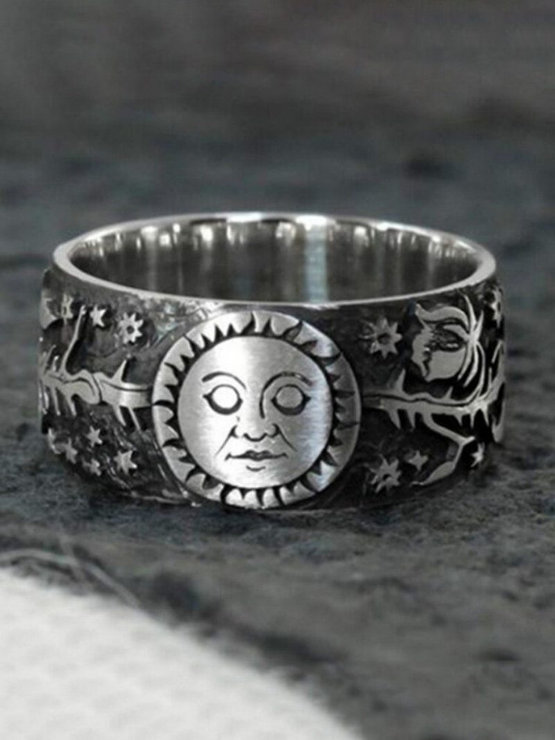 Punk Sun Moon Ring Thajský Strieborný Kvetinový Prsteň