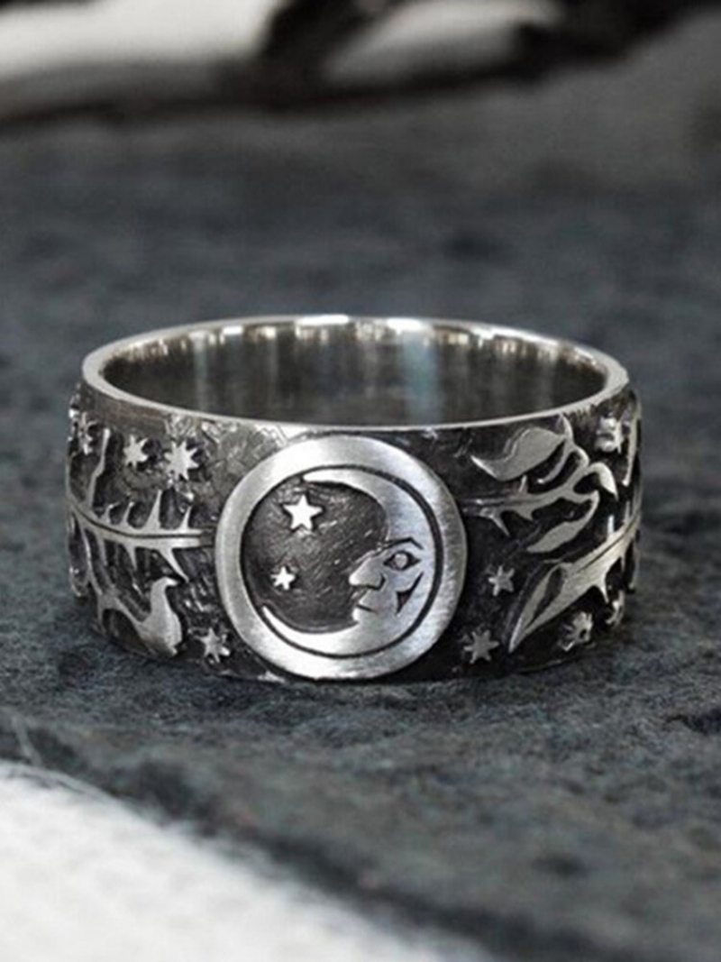 Punk Sun Moon Ring Thajský Strieborný Kvetinový Prsteň