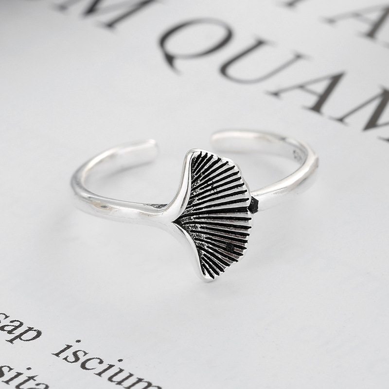 S925 Sterling Silver Distressed Ginkgo Leaf Thajský Strieborný Prsteň Retro Art Nastaviteľný