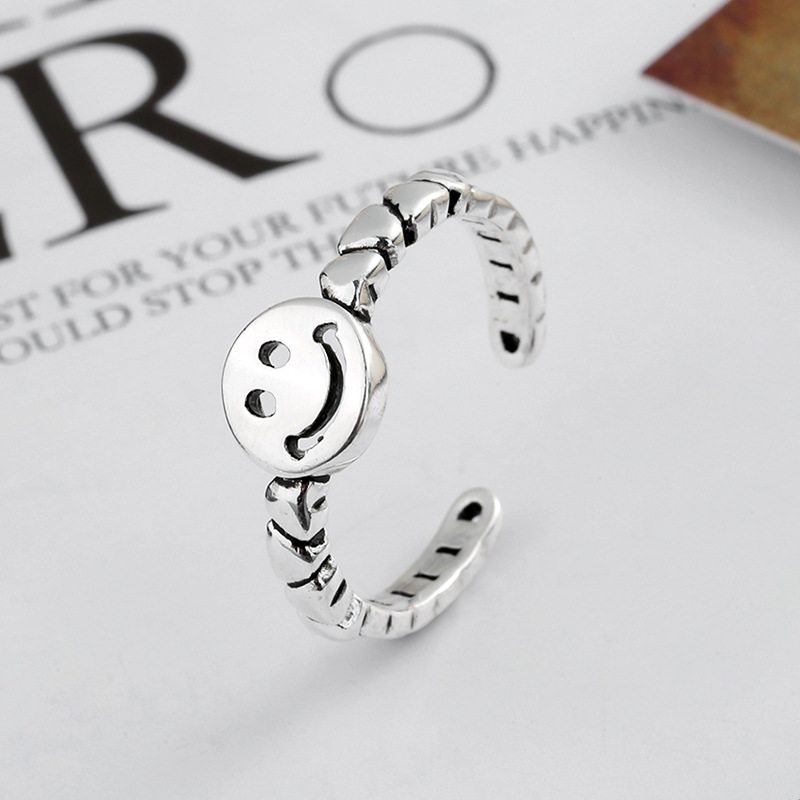 S925 Sterling Silver Retro Smiley Ring Jednoduchý Prsteň Love Chain S Nastaviteľnou Veľkosťou