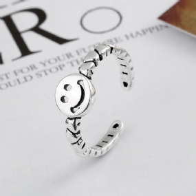 S925 Sterling Silver Retro Smiley Ring Jednoduchý Prsteň Love Chain S Nastaviteľnou Veľkosťou