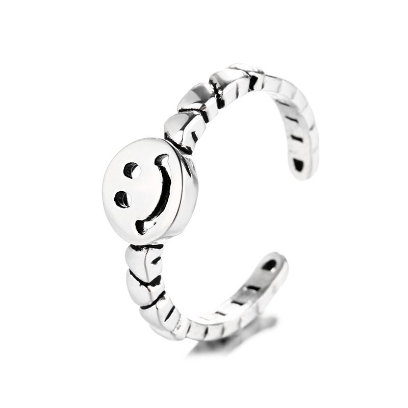 S925 Sterling Silver Retro Smiley Ring Jednoduchý Prsteň Love Chain S Nastaviteľnou Veľkosťou