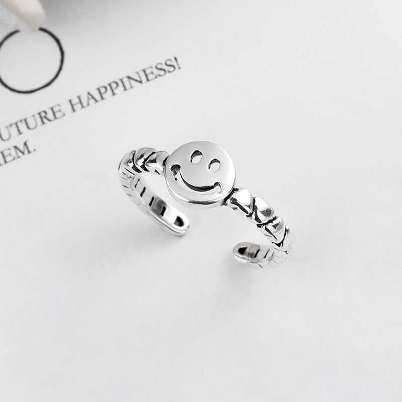 S925 Sterling Silver Retro Smiley Ring Jednoduchý Prsteň Love Chain S Nastaviteľnou Veľkosťou