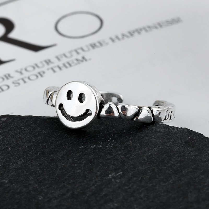 S925 Sterling Silver Retro Smiley Ring Jednoduchý Prsteň Love Chain S Nastaviteľnou Veľkosťou