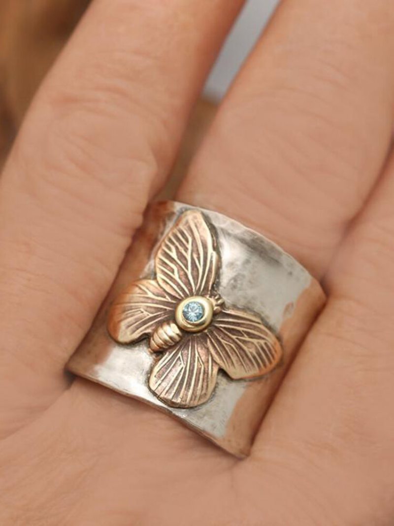 Vintage Alloy Carved Women Ring Dvojfarebný Motýľový Prsteň Šperky