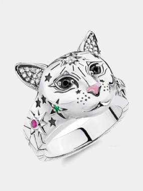 Vintage Animal Women Ring Mačka Hlava Farebný Star Prsteň Šperky Darček