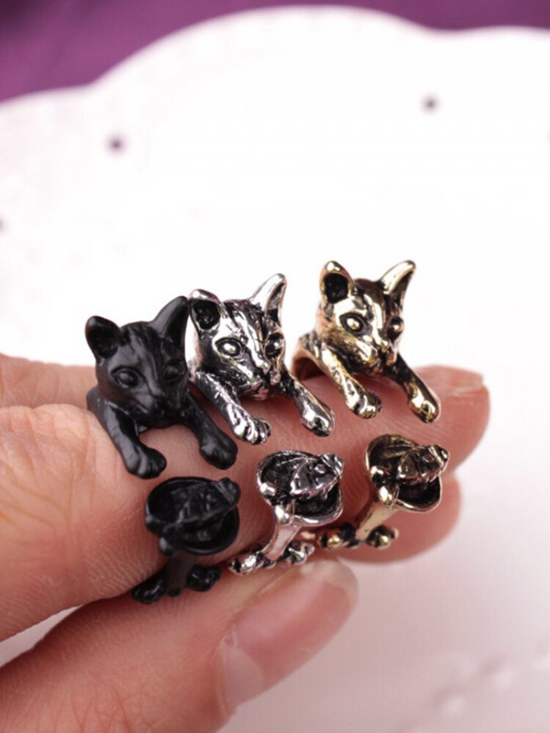 Vintage Animals-shape Women Ring Cute Cat Eat Fish Šperky