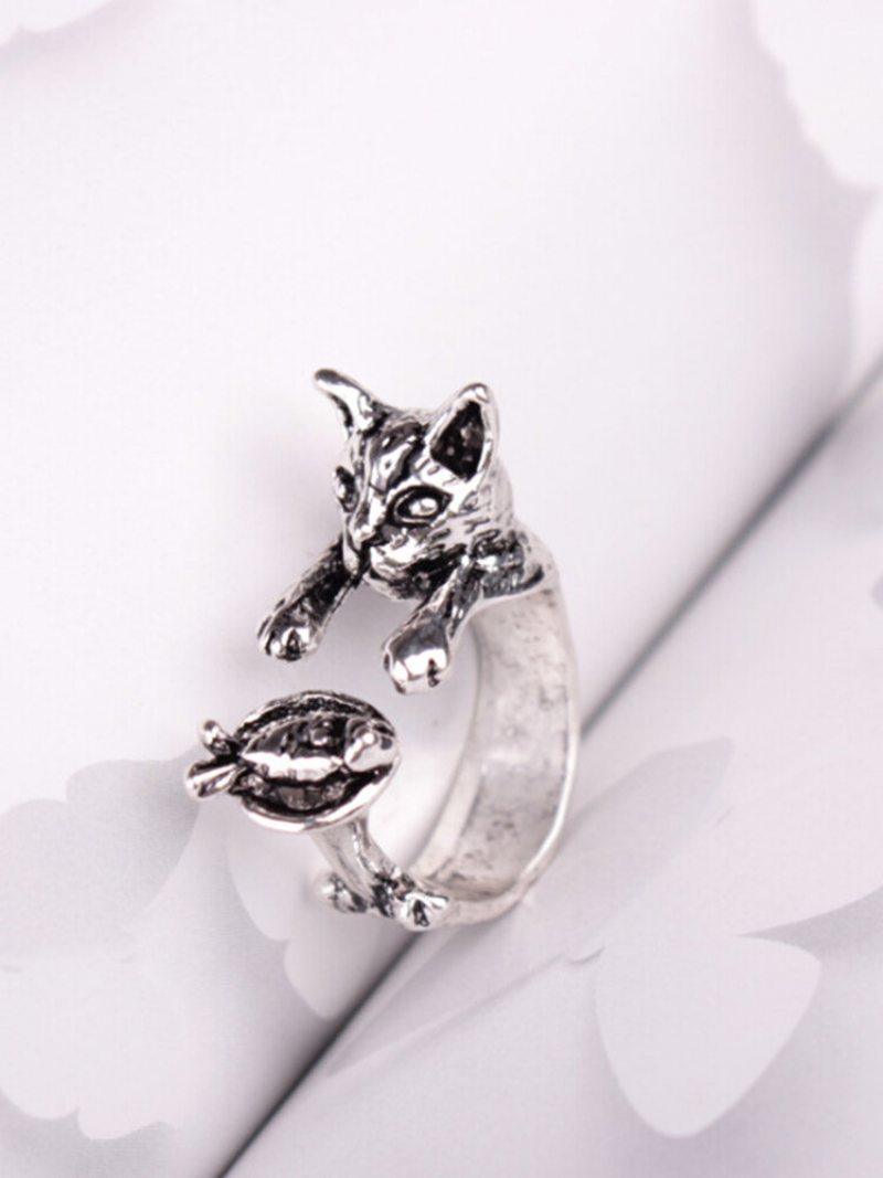 Vintage Animals-shape Women Ring Cute Cat Eat Fish Šperky