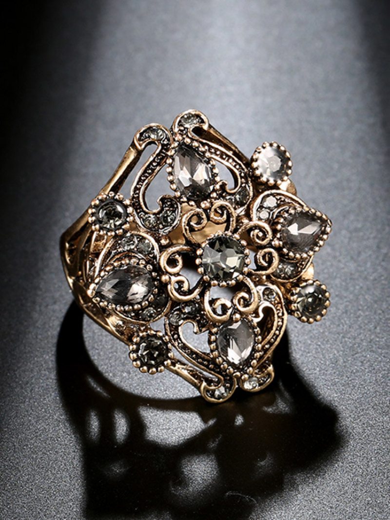 Vintage Kovový Šedý Diamantový Prsteň Staroveký Zlatý Vyrezávaný Hollw Crystal Finger