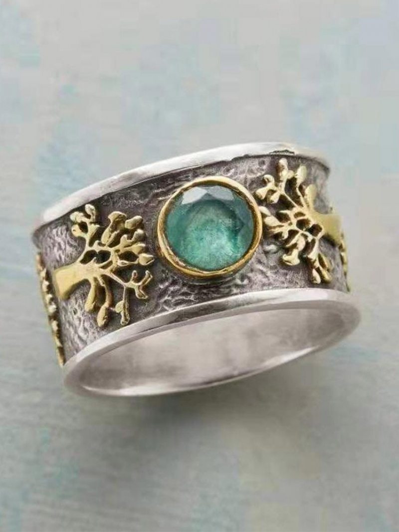 Vintage Vzor Stromu Života Vykladaný Mesačným Kameňom Kovový Prsteň