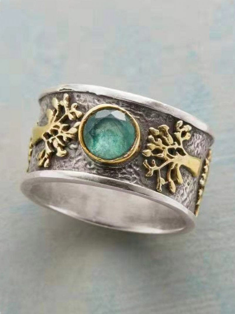 Vintage Vzor Stromu Života Vykladaný Mesačným Kameňom Kovový Prsteň