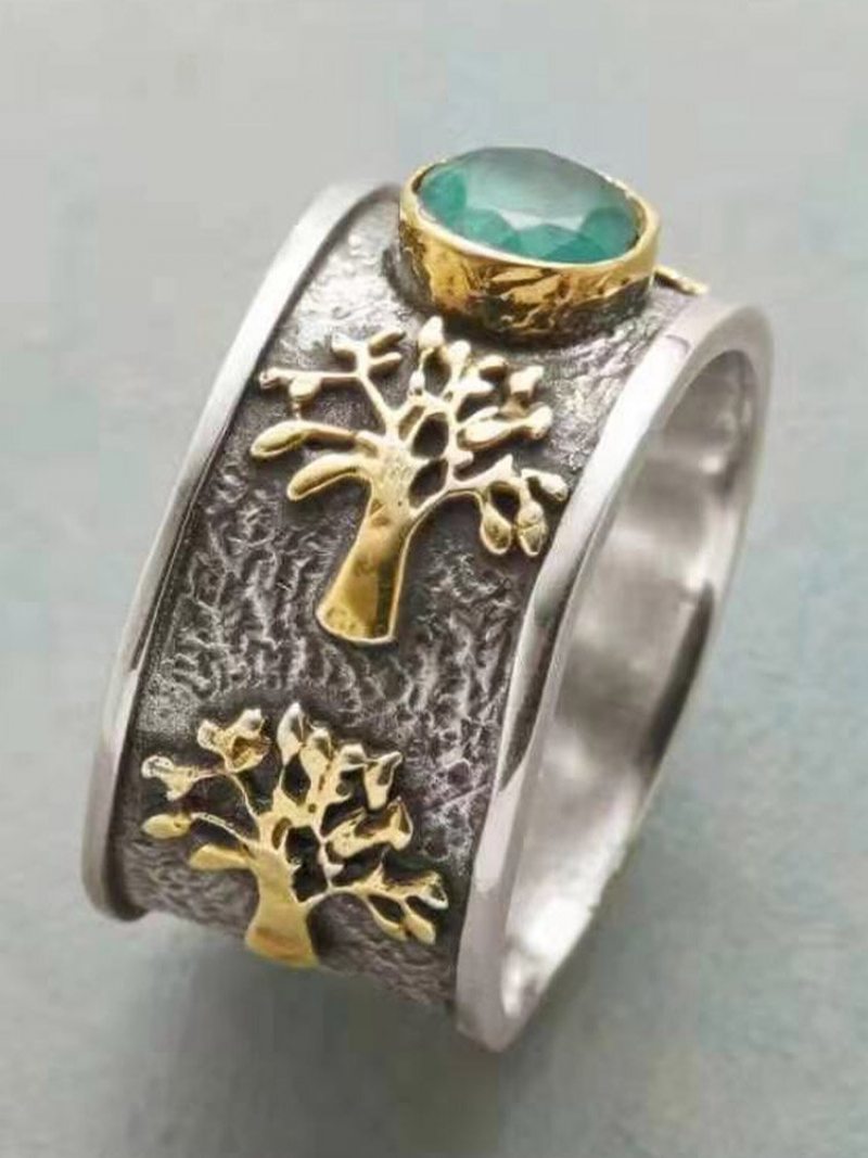 Vintage Vzor Stromu Života Vykladaný Mesačným Kameňom Kovový Prsteň
