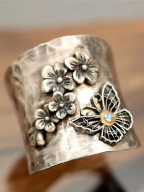 Zliatinový Vintage Štýlový Diamantový Prsteň S Motýľovým Kvetom