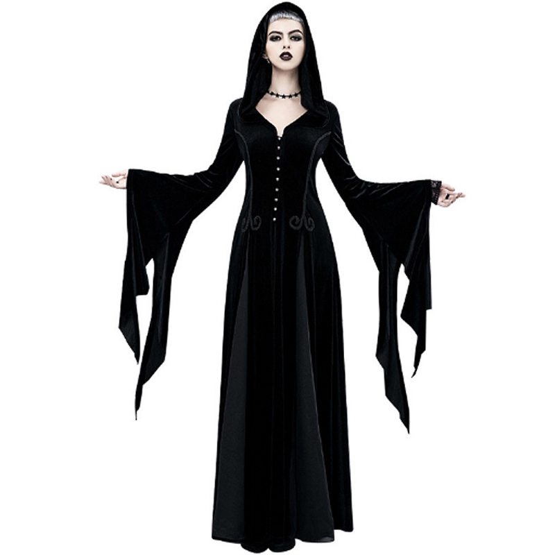 Dámsky Gotický Halloweensky Kostým Renesančný Stredoveký Cosplay Šaty Čierne S Dlhým Rukávom S Kapucňou Čarodejnícke Viktoriánsky