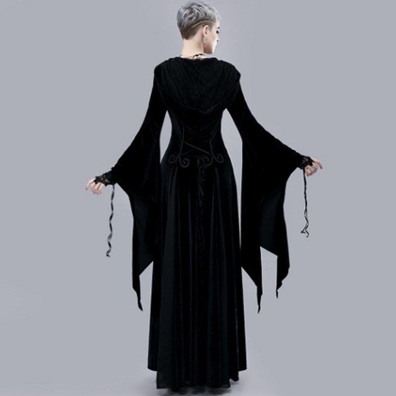 Dámsky Gotický Halloweensky Kostým Renesančný Stredoveký Cosplay Šaty Čierne S Dlhým Rukávom S Kapucňou Čarodejnícke Viktoriánsky