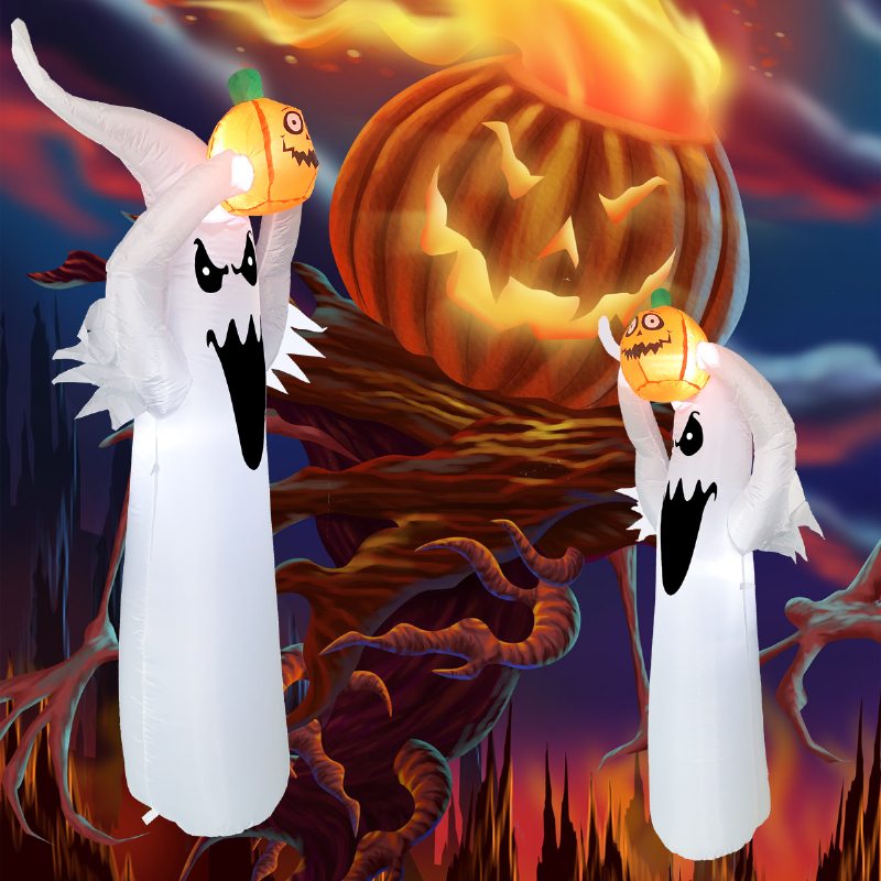 Halloweensky Kostým Žiariaca Tekvica Duch So Svetlou Biela Nafukovacia Záhradná Dekorácia So Stromom Duchov
