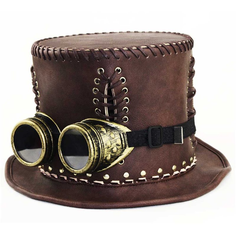 Unisex Steampunk Top Hat Retro Punk Rustikálny Pu Kožený Čipkovač Gentleman Pre Kostýmy Halloween Party