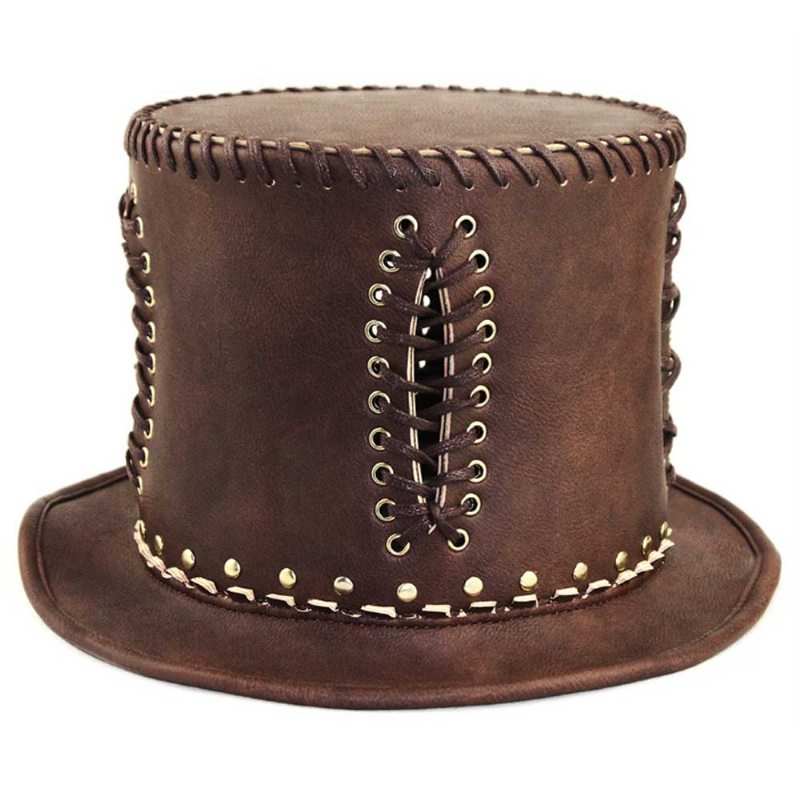 Unisex Steampunk Top Hat Retro Punk Rustikálny Pu Kožený Čipkovač Gentleman Pre Kostýmy Halloween Party