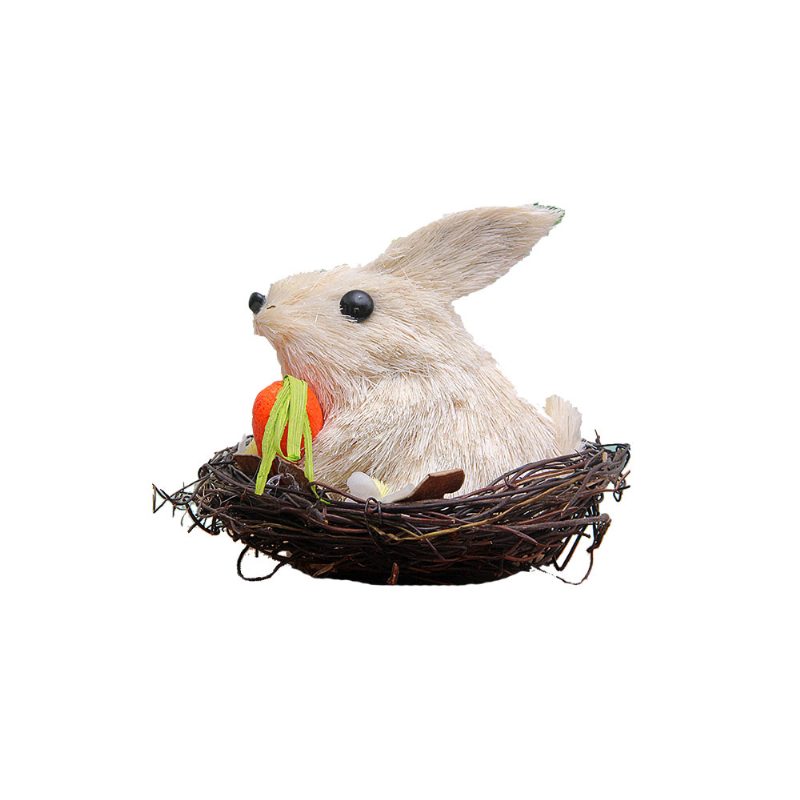 Veľkonočné Dekorácie - Ručne Vyrobený Slamený Zajačik S Tŕňovým Hniezdom A Mrkvovým Obchodíkom A Príveskom