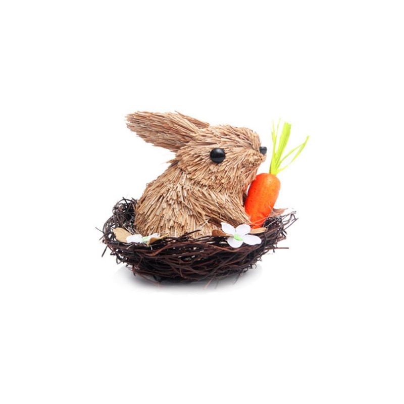 Veľkonočné Dekorácie - Ručne Vyrobený Slamený Zajačik S Tŕňovým Hniezdom A Mrkvovým Obchodíkom A Príveskom