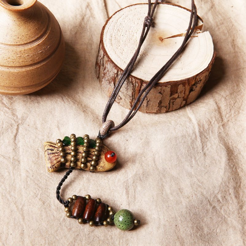 Etnické Šperky Vintage Jemný Prívesok S Rybami Keramika Náhrdelník S Medenými Korálkami Dlhý Sveter