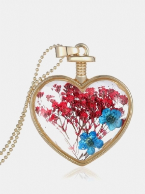 Kovové Geometrické Broskyňové Srdce Náhrdelník Zo Sušených Kvetov Zo Skla Prírodný S Príveskom Zo