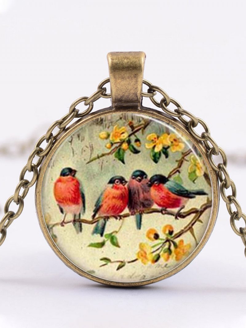 Náhrdelník S Potlačou Vintage Birds S Kvetinovým Vzorom Zo Zliatiny Skla