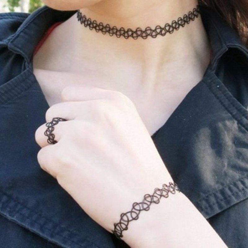 Rock Collar Black Pattern Tattoo Elastic Plastic Ring Náhrdelník