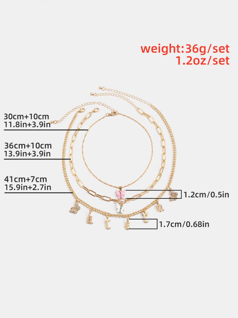 Vintage Alloy Jednoduchý Viacvrstvový Strapcový Viacprvkový Náhrdelník Set Motýlích Písmenkových Náhrdelníkov
