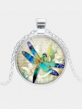 Vintage Geometrické Okrúhle Hmyz Vážka Kvetinový Náhrdelník S Drahokamom Kovový Sklenený Potlač Ženy Šperky
