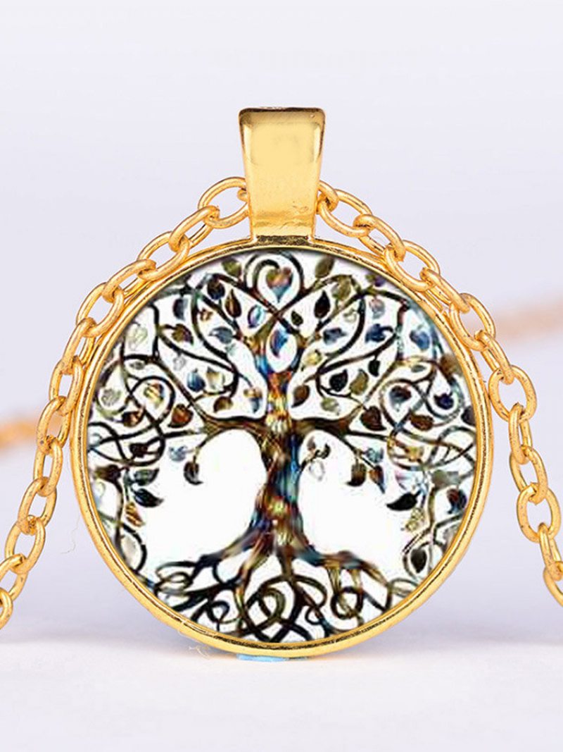 Vintage Geometrický Okrúhly Náhrdelník Tree Of Life Gem S Kovovým Farebným Sklom S Potlačou