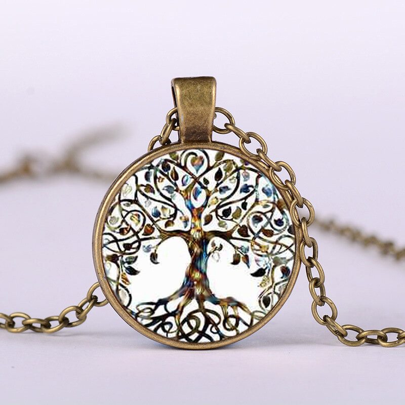 Vintage Geometrický Okrúhly Náhrdelník Tree Of Life Gem S Kovovým Farebným Sklom S Potlačou