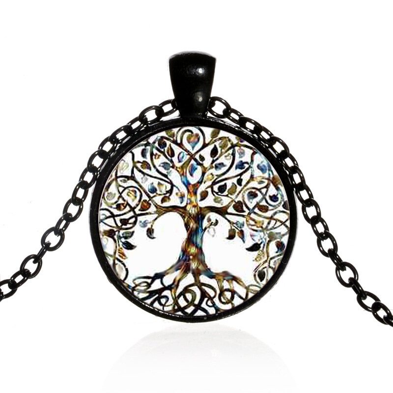 Vintage Geometrický Okrúhly Náhrdelník Tree Of Life Gem S Kovovým Farebným Sklom S Potlačou