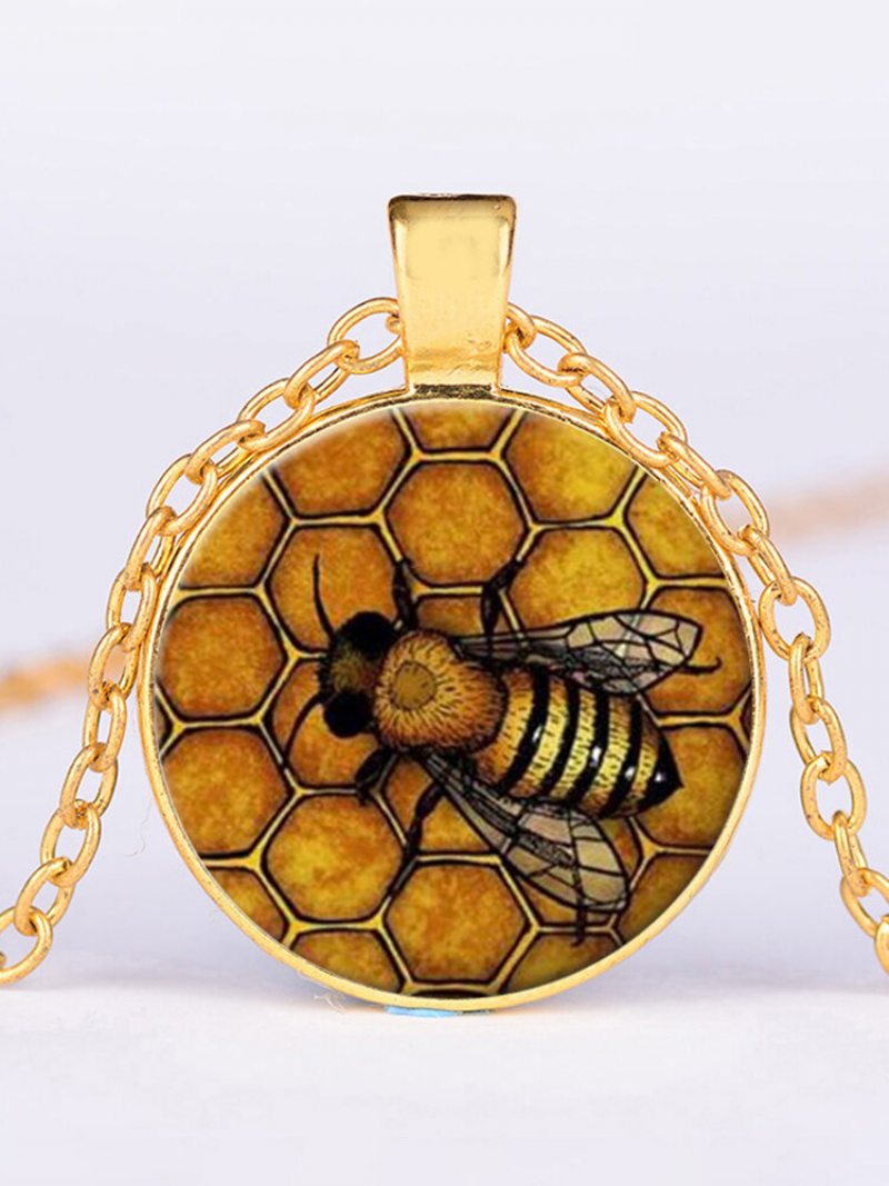 Vintage Honeycomb Bee Dámsky Náhrdelník S Príveskom Zo Zliatiny Skla S Potlačou