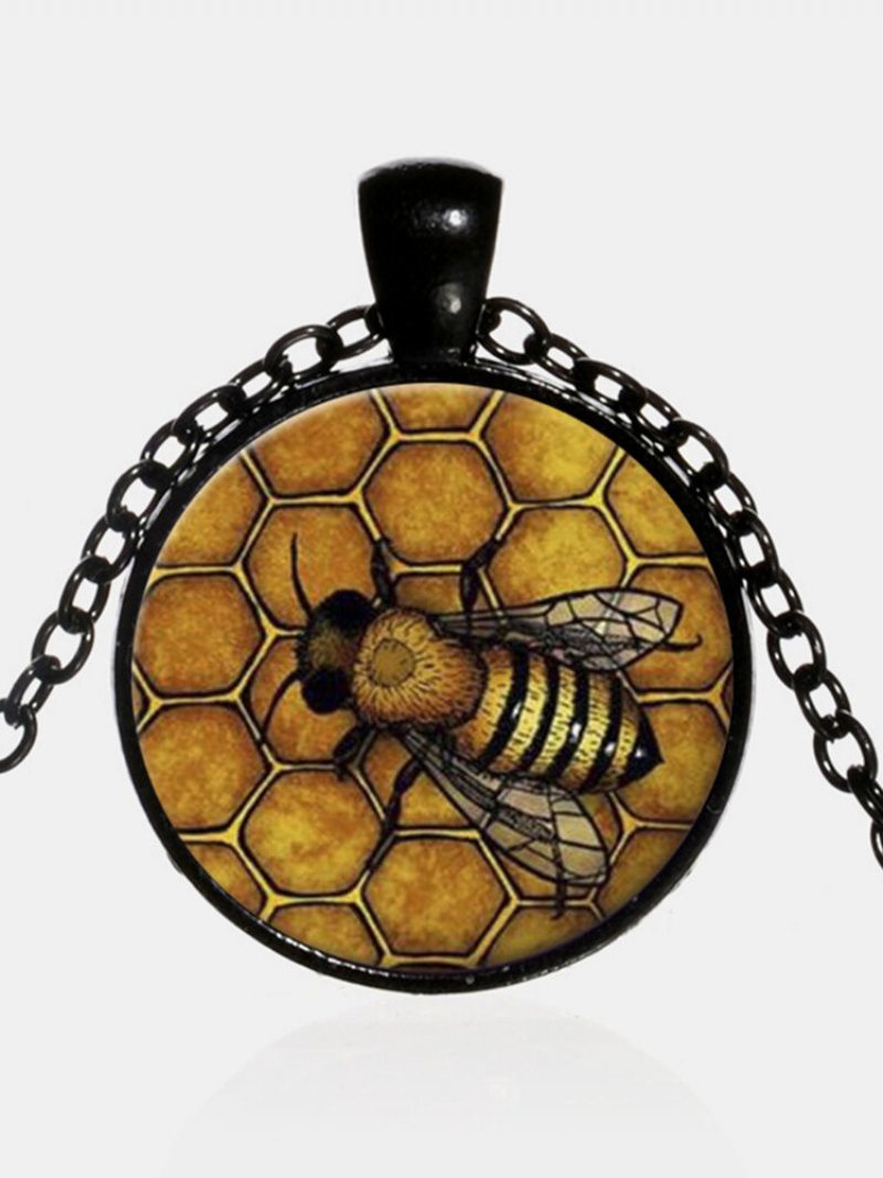 Vintage Honeycomb Bee Dámsky Náhrdelník S Príveskom Zo Zliatiny Skla S Potlačou