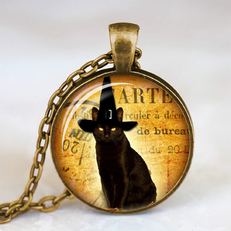 Vintage Kovový Sklenený Roztomilý Náhrdelník Pre Mačky Geometrický Okrúhly So Zvieracou Potlačou S Drahokamom