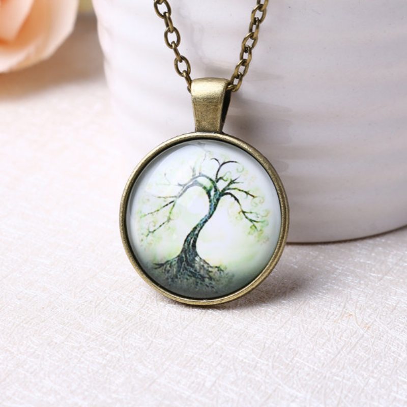 Vintage Náhrdelníky Tree Of Life S Okrúhlym Skleneným Drahokamom Time Gem Pre Ženy