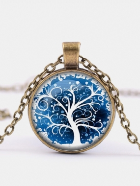 Vintage Okrúhly Náhrdelník Time Gemstone Blue White Life Tree Vzor Prívesok Zo Zliatinového Skla