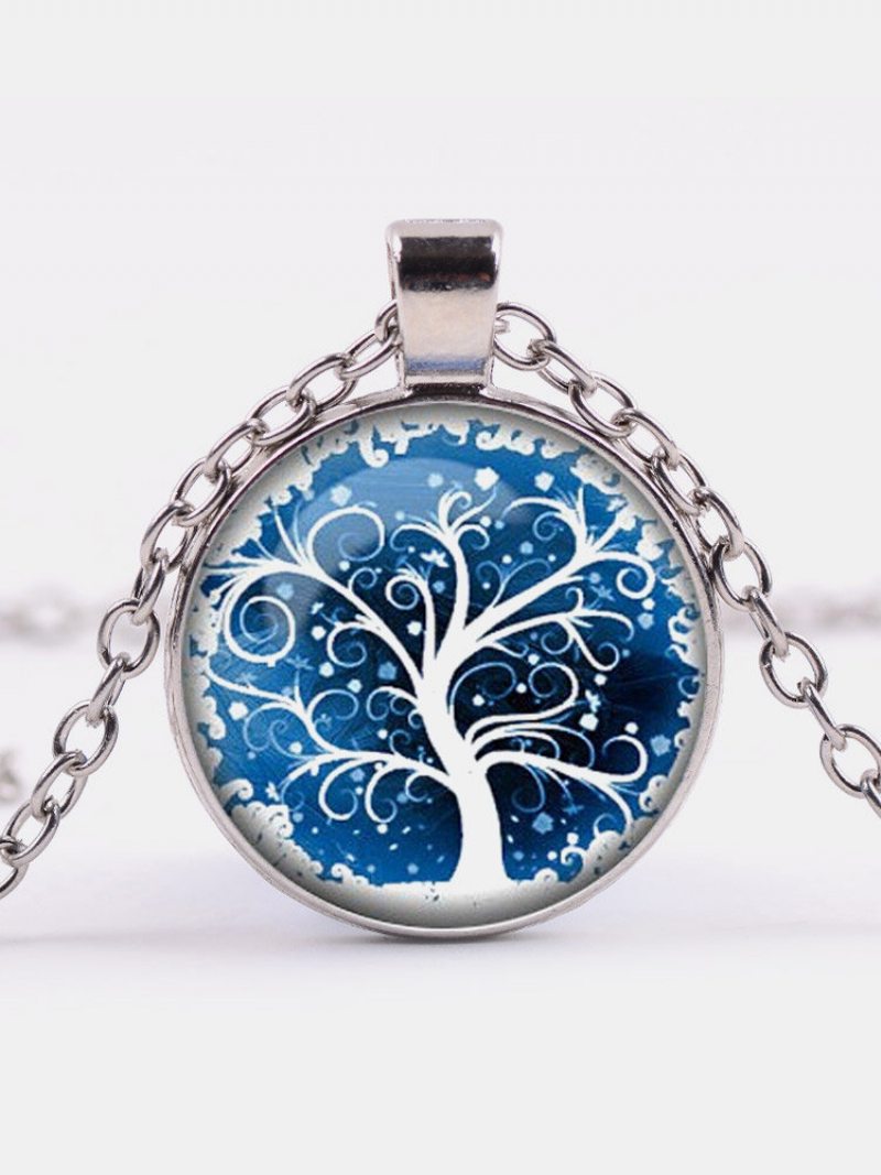 Vintage Okrúhly Náhrdelník Time Gemstone Blue White Life Tree Vzor Prívesok Zo Zliatinového Skla