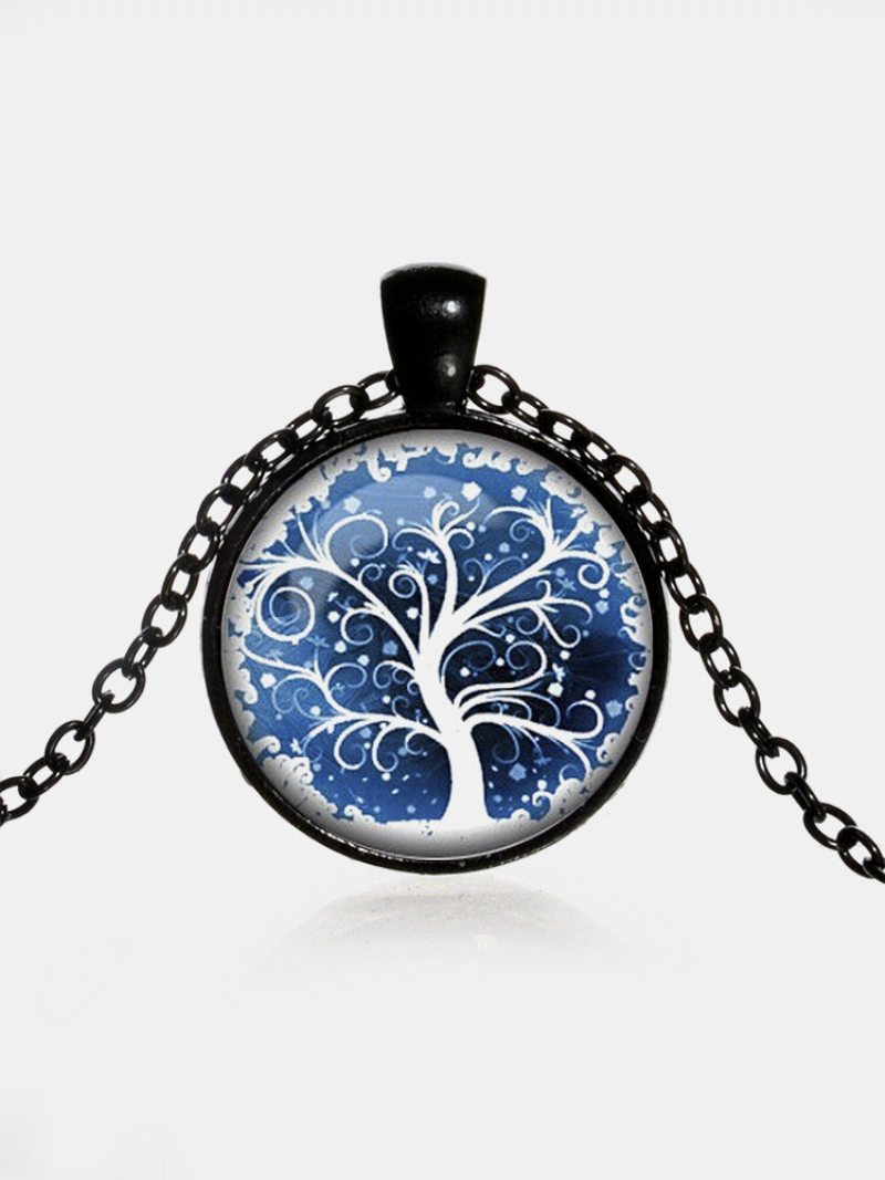 Vintage Okrúhly Náhrdelník Time Gemstone Blue White Life Tree Vzor Prívesok Zo Zliatinového Skla