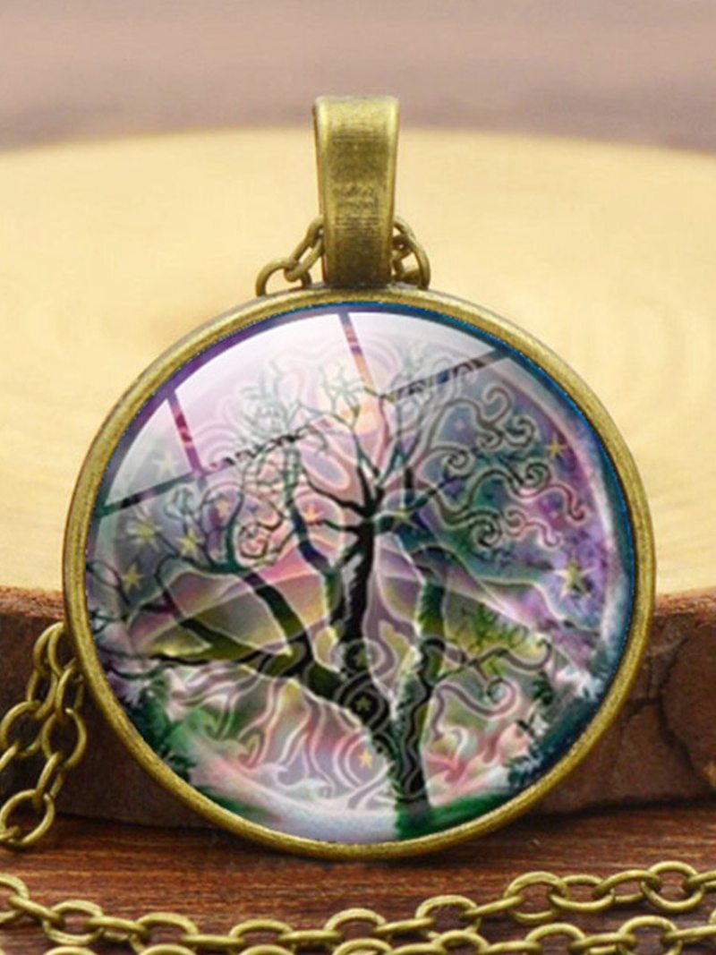 Vintage Okrúhly Náhrdelník Zo Zliatinového Skla Time Gemstone Life Tree Vzor