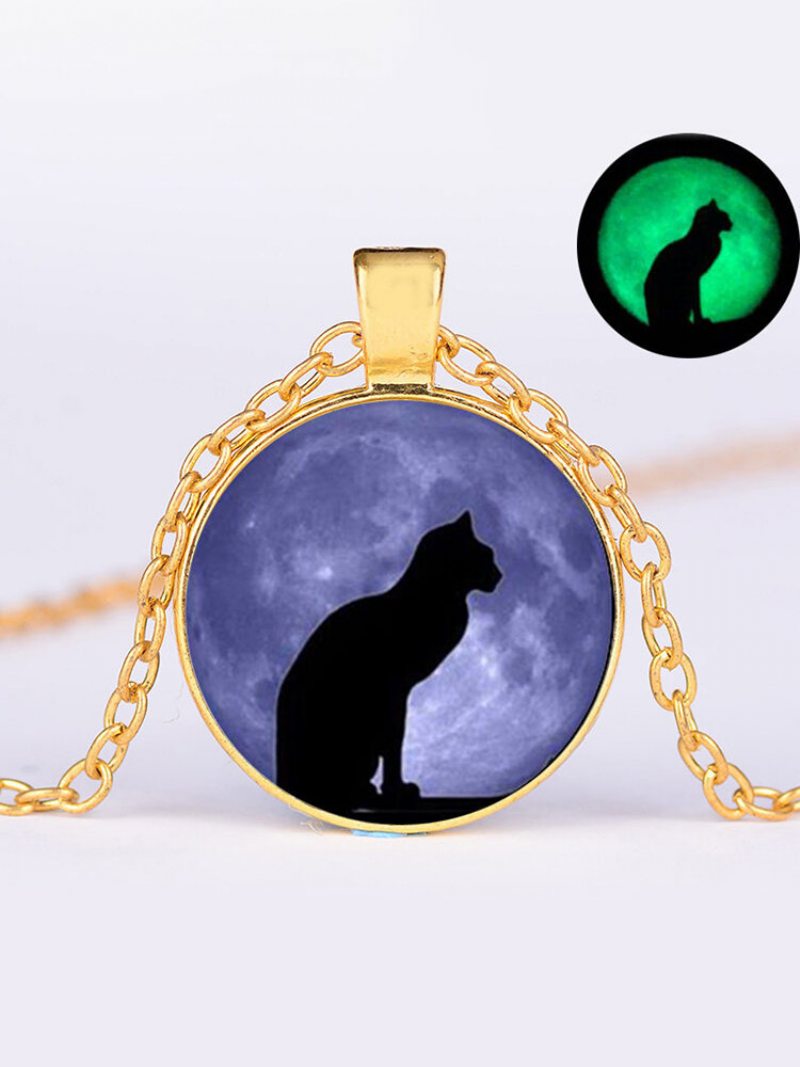 Vintage Sklenená Potlač Dámsky Náhrdelník Moon Starry Black Cat Svetelný Prívesok Šperky Darček