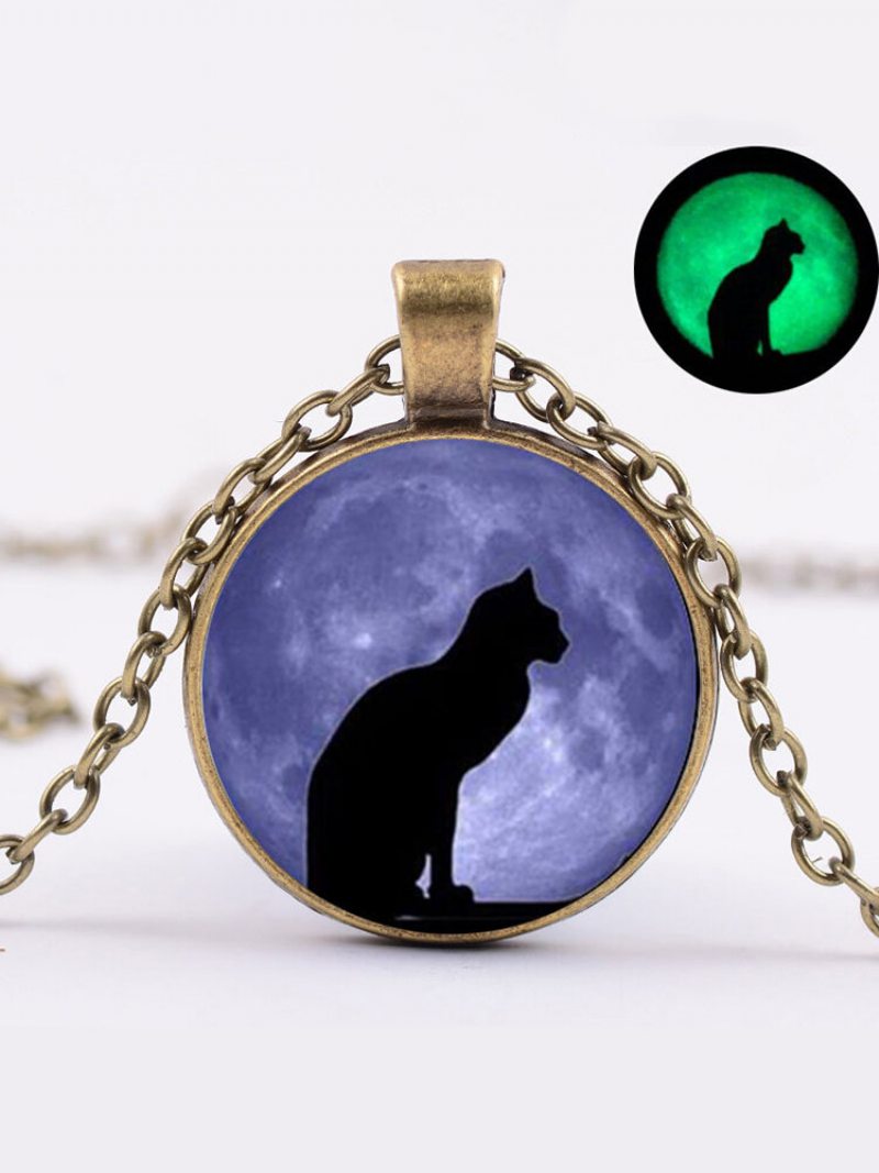 Vintage Sklenená Potlač Dámsky Náhrdelník Moon Starry Black Cat Svetelný Prívesok Šperky Darček