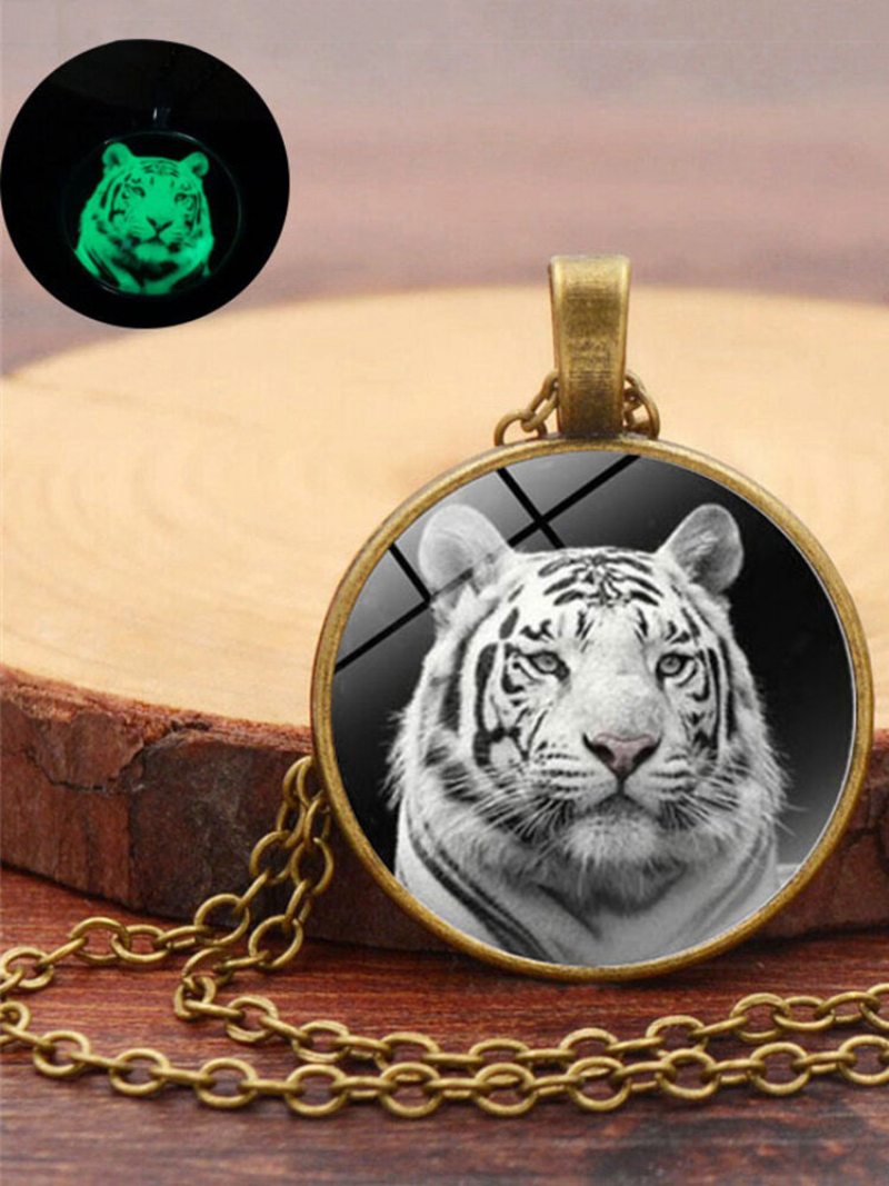 Vintage Sklenená Potlač Dámsky Náhrdelník Svetelný Prívesok Tiger Head Sveter Retiazka Na Šperky