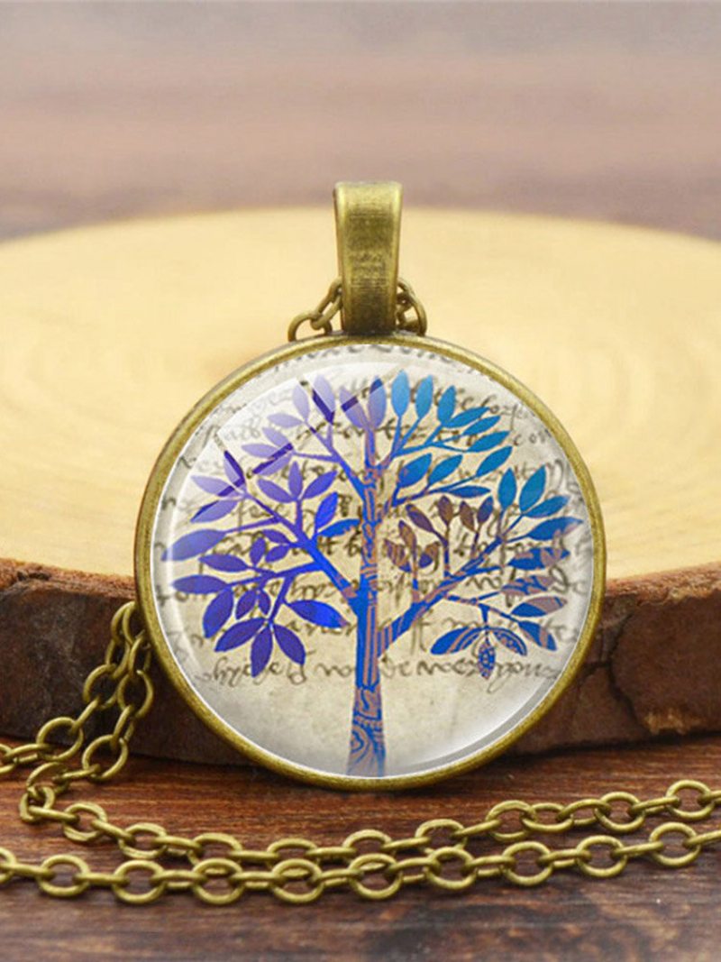 Vintage Sklenená Potlač Dámsky Náhrdelník Tree Of Life Prívesok Na Kľúčnu Kosť