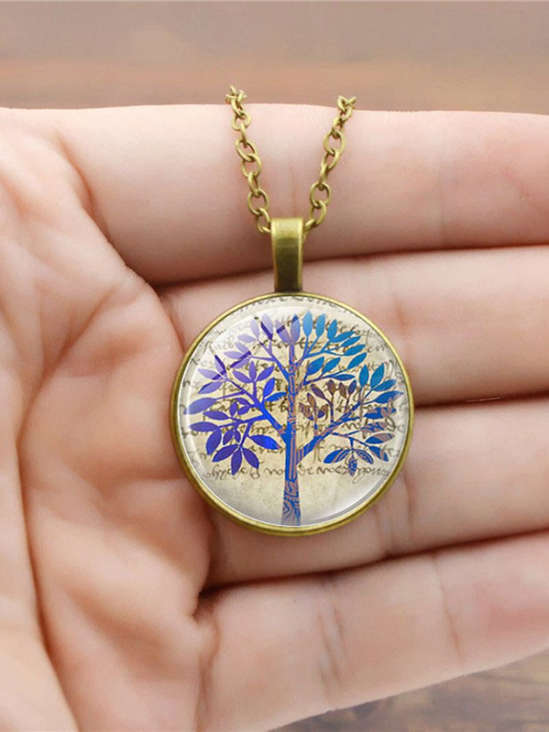 Vintage Sklenená Potlač Dámsky Náhrdelník Tree Of Life Prívesok Na Kľúčnu Kosť