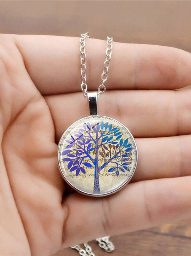 Vintage Sklenená Potlač Dámsky Náhrdelník Tree Of Life Prívesok Na Kľúčnu Kosť